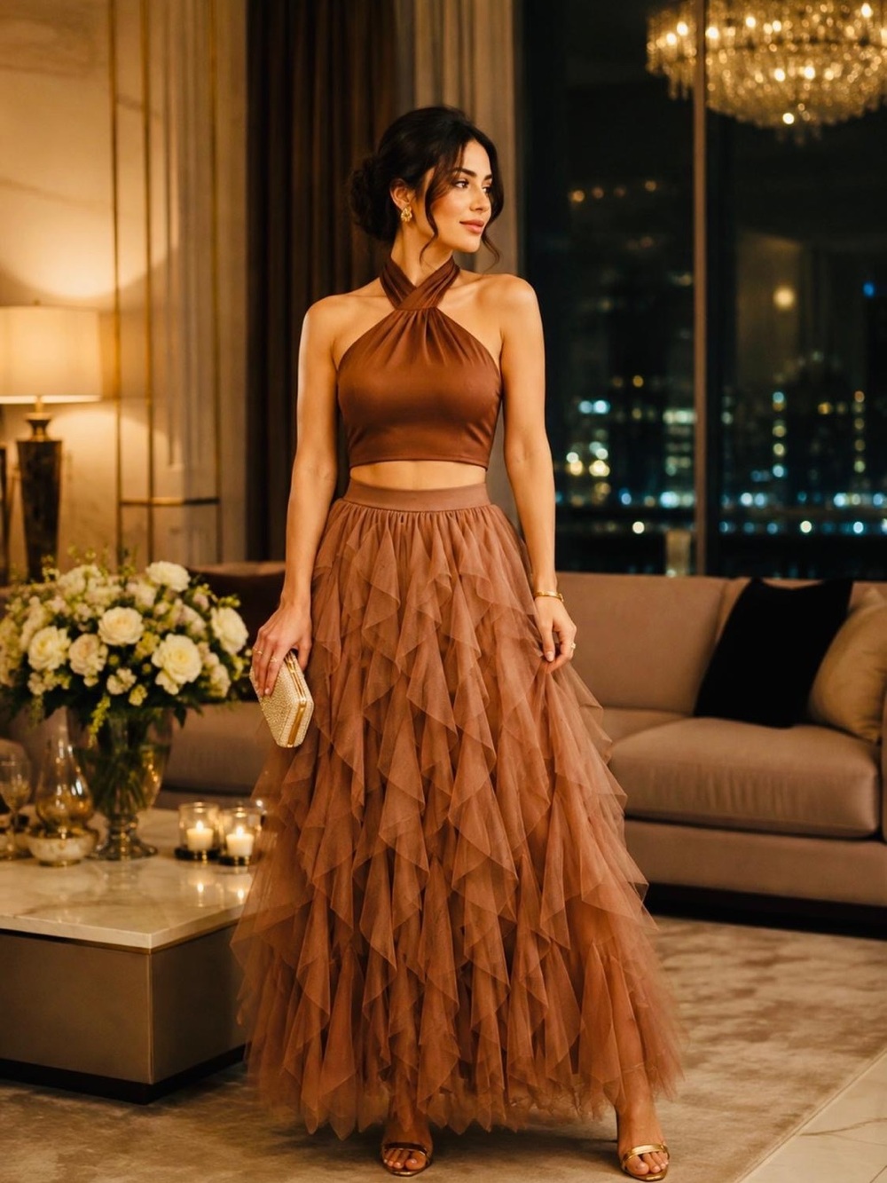 Soho apparel Brown Ruffled Tulle Maxi Skirt